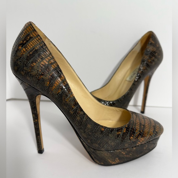 Jimmy Choo Shoes - Jimmy Choo-Brown/Gold, Lizard Embossed, Anthracite, Platform, Pump/Heel. Sz-37.5